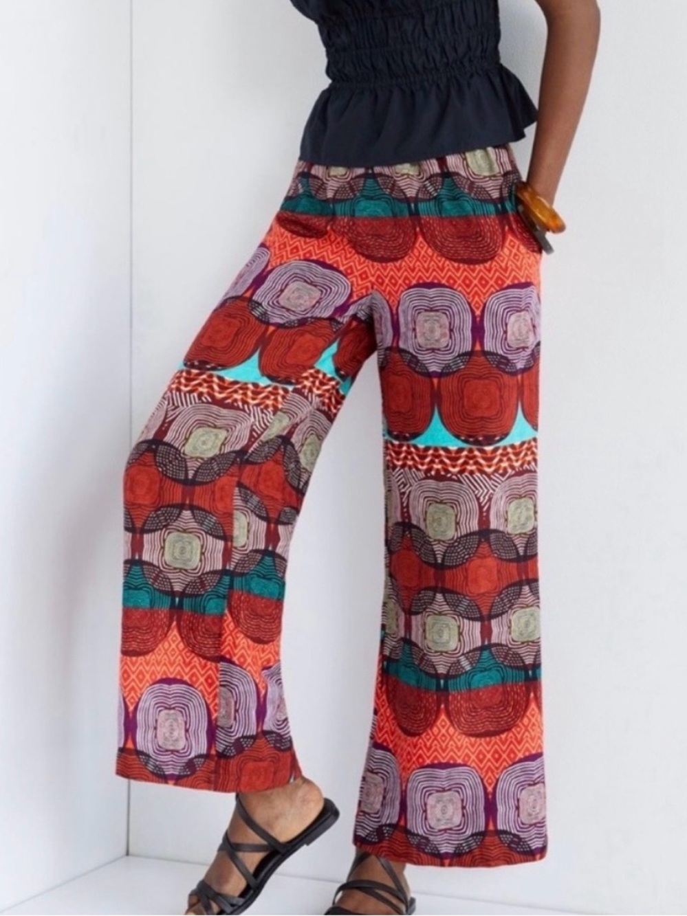 Maeve Printed Pull On Wide Leg Stretchy High Rise Boho Geometric Print Pants S - Picture 2 of 11